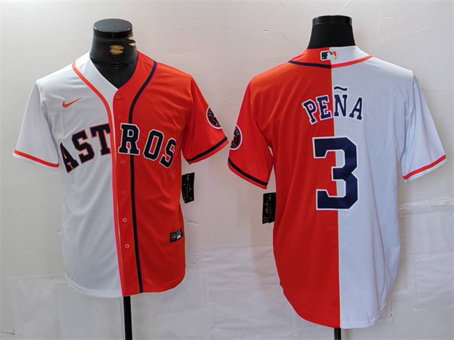 Men's Houston Astros #3 Jeremy Peña White/Orange Split With Patch Cool Base Stitched Baseball Jersey
